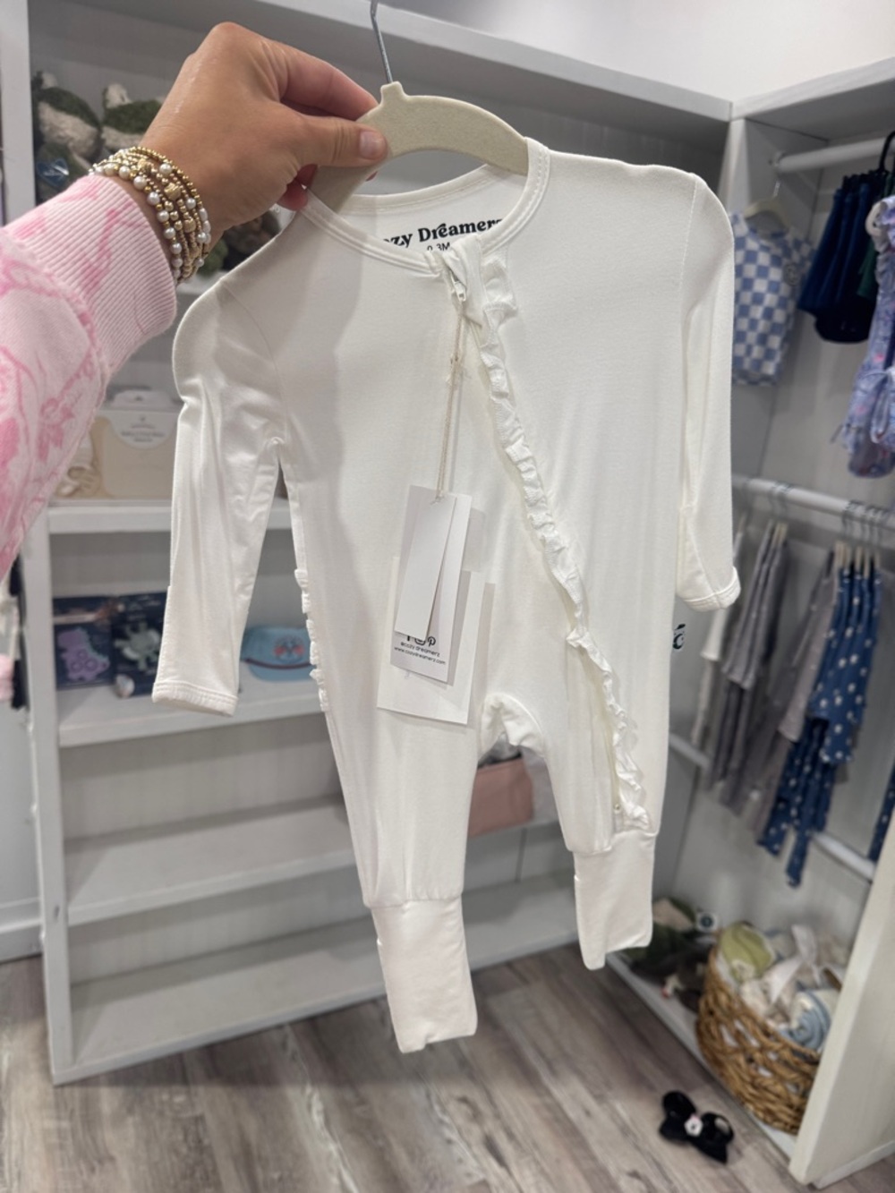 White Ruffle Zip Footless Baby Pajamas